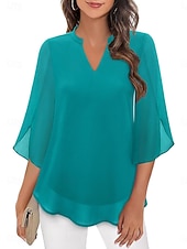 cheap Plain Blouses-Women's Blouse Solid Color Elegant Stylish Casual 3/4 Length Sleeve V Neck Regular Tops Daily Pink Wine Red Royal Blue Green Summer Spring