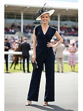 cheap Mom's Jumpsuits-Jumpsuit Pantsuit Ankle Length Derby Dress Mother of the Bride Dress Sleeveless V Neck Elegant Kentucky Derby Stretch Fabric with Ruffles Tier Ruching