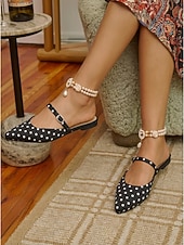 abordables Zuecos y sandalias de mujer-Mules negros de lunares con punta puntiaguda para mujer: elegantes sandalias planas con tira de hebilla ajustable para cenas de vacaciones y uso diario. &amp;estilo retro chic