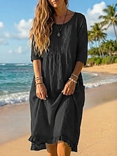 preiswerte Kleider-Damen Midikleid Kleider in Leinenoptik Shiftkleid Sommerkleid Strandkleid Urlaub Basic Ferien Wochenende Lässiger Schnitt Einfach Dreiviertelarm Rundhalsausschnitt Blau Schwarz Grün Aprikose Sommer