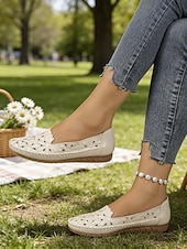 abordables Sandalias planas de mujer-Mocasines blancos transpirables con recortes para mujer con bordado floral, plantilla acolchada suave, elegantes zapatos mocasín casuales y cómodos, perfectos para caminar, viajar, picnics y fiestas
