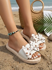 voordelige Vrouwen-Dames slippers met stippen en strik, met gevlochten touwzool – schattige instapschoenen voor strandvakanties, zomervakanties en bij het zwembad.