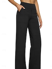cheap Wide Leg &amp; High Waisted-Women's Trousers Casual Pants Straight Fashion Streetwear Basic Full Length High Waist Plain Pocket Elastic Waist Comfort Micro-elastic Daily Vacation Street Blue Black White Almond Spring Fall Loose
