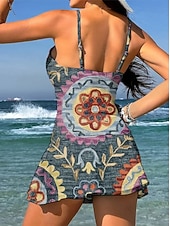 お買い得  タンキニ-女性用 スイムウェア ワンピース スカート 水着 エレガント 旅行度假风 グラフィック 幾何学模様 Ｖネック ノースリーブ 水着