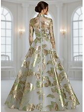 cheap A-Line Evening Dresses-A-Line Floor Length Evening Gown Ball Gown Formal Dress Elegant Floral 3/4 Length Sleeve High Neck Wedding Formal Pocket Jacquard with Pocket