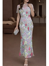 cheap Cocktail Dresses-Mermaid Trumpet Ankle Length Cocktail Dresses Elegant Vintage Floral Short Sleeve Crew Neck Wedding Formal Lace with Embroidered Flower 3D Flowers Appliques
