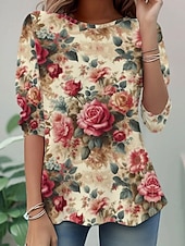 billiga Blommig t-shirt-Dam T-shirt Mönster Blommig Grafisk Växter Mode Stylish Klassisk Långärmad Rund hals Vanliga toppar Dagligen Helgen Gul Rodnande Rosa Rubinrött Sommar Vår Höst