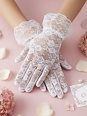 baratos Casamento ACC-Luvas femininas de poliéster com renda, design floral elegante e transparente, macias e leves, estilo clássico vintage em diversas cores, ideais para noivas, casamentos, festas noturnas, formaturas e eventos formais.