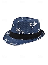 abordables Accesorios de vacaciones-Sombrero fedora de paja para hombre con estampado de palmeras, ligero y transpirable, tejido para verano, disponible en varios colores, estilo informal de resort para vacaciones en la playa en primavera y uso diario.