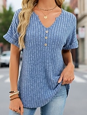 preiswerte Einfarbiges T-Shirt-Damen T Shirt T-Shirt Einfarbig Elegant Vintage Mode Kurzarm V Ausschnitt Normale Oberteile Täglich Sport Wochenende Blau Purpur Khaki Sommer Frühling Herbst