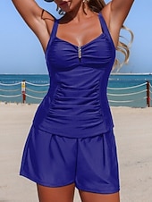 Χαμηλού Κόστους Τανκίνι-Γυναικεία Μαγιό τανκίνι 2 κομμάτι Σορτσάκια Μαγιό Έλεγχος κοιλιάς Ψηλή Μέση Λεπτό Εξώπλατο Διακοπές Ρούχα παραλίας Συμπαγές Χρώμα Λαιμόκοψη V Αμάνικο Μαγιό