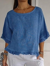 cheap Shirts-Women's Linen-feel Shirts Blouse Ruffle Solid Color Stylish Casual Half Sleeve Crew Neck Regular Tops Daily Blue Green Apricot Summer Spring Fall