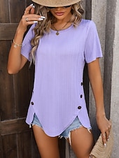 economico Bluse Semplici-Per donna Blusa Bottoni Tinta unica Elegante Casual Manica Corta Girocollo Top Regolari Quotidiano Verde salvia Nero Bianco Viola Fucsia Estate Primavera