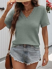 voordelige Effen Blouses-Dames T-shirt Kant Lapwerk Effen Modieus Stijlvol Klassiek Korte mouw V-hals Normale tops Dagelijks Uitgaan Weekend blauw Zwart Wit Leger Groen Groen Zomer Lente