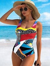 Недорогие Монокини-Жен. Купальники Один кусочек Высокий вырез купальник Одежда для пляжа лето Графика Геометрический принт U-образный вырез Без рукавов Купальники