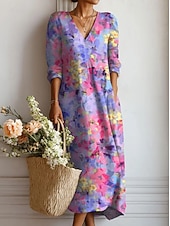 baratos Vestidos Listrados e Geométricos-Vestido Midi Feminino Estilo Linho Vestido Em A Vestido de Praia Casual Boho Férias Ajuste Solto Gráfico Geométrico Bloco de Cores Manga Longa Decote em V Azul Rosa Roxo Laranja Verão Primavera
