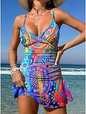 billiga Tankinis-Dam Badkläder En bit Kjol Baddräkt Elegant Semester Grafisk Geometrisk V-hals Ärmlös Baddräkter
