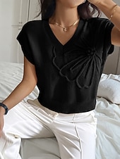 cheap Plain tee-Women's Y2K Knit Tee Elastic Waist 3D Appliques Solid Color Floral Graphic Elegant Cute Stylish Short Sleeve Cap Sleeve V Neck Regular Tops Daily Going out Black Yellow Summer Spring Fall