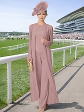preiswerte Hosenanzüge für Mama-Overall Hosenanzug Dreiteilig Bodenlang Brautmutterkleid Langarm Bateau-Ausschnitt Elegant Übergröße Mit Schal Formell Hochzeitsgast Chiffon Mit Schal mit Perlenstickerei