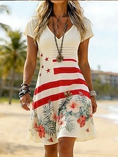 Giorno dell'Indipendenza Americana Per donna Abito al ginocchio Vestito Estivo Vestito T-Shirt Abito a trapezio Vacanza Casual Boho Spiaggia Vestibilità regolare Floreale Grafico Bandiera Manica Corta