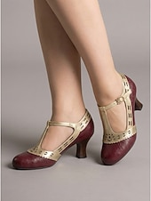 voordelige Jaren 1920 &amp; Gatsby-tijdperk-Damespumps uit de jaren 1920 in vintage T-bandstijl - elegant wit &amp;Gouden Gatsby-hakken met geschulpte metallic rand voor feestjes in de stijl van de Roaring Twenties en flapper-kostuums. &amp;retro