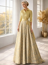 halpa Lattian pituus-A-linja Kokopitkä Paitamekko Häävieraspuku Muodollinen mekko Morsiammen äidin asu Pitkähihainen Paitapuserokaula-aukko Tyylikäs Vintage Häät Muodollinen Nylon kanssa Kukkapainatus Rusetti(rusetit