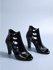 economico Donne-sandali con tacco da donna in similpelle verniciata nera - scarpe da festival musicali audaci con tacco a blocco spesso per Coachella e rave &amp;concerti estivi all'aperto