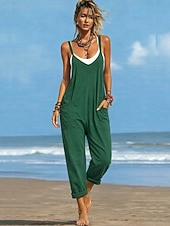 お買い得  バケーションジャンプスーツ-女性用 標準 ジャンプスーツ 活発的 純色 ノースリーブ Ｖネック ポケット 日常 ビーチ ルーズフィット ブラック ワイン パープル 夏