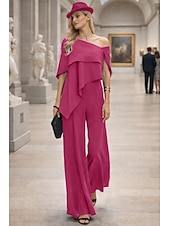 cheap Mom's Jumpsuits-Jumpsuits Floor Length Mother of the Bride Dress Short Sleeve Off Shoulder Elegant Formal Wedding Guest Wedding Party Chiffon with Ruffles
