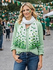  Bufanda de poliéster con diseño de trébol para mujer, de gasa transpirable, con estampado de trébol verde, perfecta para el Día de San Patricio y para uso diario.