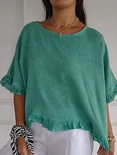cheap Shirts-Women's Linen-feel Shirts Blouse Ruffle Solid Color Stylish Casual Half Sleeve Crew Neck Regular Tops Daily Blue Green Apricot Summer Spring Fall