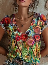  Per donna Maglietta Stampato Floreale Grafico Graffiti Bohemien Vintage Casual Manica Corta Scollo a V Top Regolari Quotidiano Blu Azzurro cielo Viola Verde Estate Primavera
