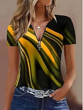 tanie koszulka sztuka i design-Damskie Podkoszulek Kolorowy blok Quarter Zip Graficzny Geometryczny Tropikalny Moda Hawajskie Krótki rękaw Półgolf Zwykłe topy Ślub na plaży Codzienny Sport Żółty Czerwony Lato Wiosna