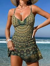 رخيصةأون مايوهات تانكيني-نسائي ملابس السباحة قطعة واحدة مايوه تنورة ملابس السباحة أنيق العطلة الرسم هندسي V رقبة بدون كم بدلة سباحة