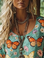 economico Tops Boho-Per donna Maglietta bohémien Maglietta Stampato Floreale Vintage Etnico Casual Manica Lunga Scollo a V Top Regolari Quotidiano Weekend Abbigliamento da vacanza Blu Primavera Autunno