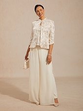 رخيصةأون بلوزات رسمية-نسائي Jacket توينست ترتر ورد زخرفات أنيق 3/4 الكم اليوسفي طوق حفلة ليلية ملابس الحفلات والسهرات الملابس الرسمية البيج الصيف الربيع الخريف