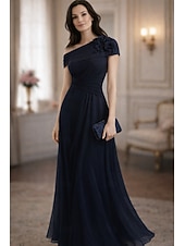 cheap Floor Length-A-Line Dress Floor Length Party Dress Cocktail Dress Wedding Guest Dress Mother of the Bride Dress Short Sleeve Bateau Neck Elegant Vintage Formal Chiffon with Ruched Appliques Flower