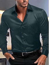 お買い得  メンズサテンシャツ-男性用 シャツ サテンシャツ ドレスシャツ ボタンアップシャツ プロムシャツ 純色 ビジネス 結婚式 ブルー 長袖 折襟 オールシーズン 衣類