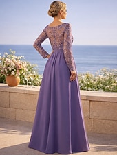 tanie Długość podłogi-Krój A Sięgająca podłoża Sukienka dla gościa weselnego Suknia Suknia wieczorowa Sukienka dla matki panny młodej Długi rękaw W serek Elegancja Studniówka Wieczorna impreza Ślub Szyfon z Plisy