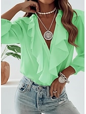 levne Jednoduché blůzy-Dámské Košile Volány Knoflíky Bez vzoru dámy Dlouhý rukáv Lucerna rukáv Košilový límec Běžné topy Denní Práce Travní zelená Trávová zelená Béžová Růžová Léto Jaro