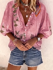 Недорогие Цветочные блузки-Жен. Рубашка С принтом Омбре Цветочный принт Графика Богемия Винтаж Повседневные Рукав 3/4 V-образный вырез Обычные топы Повседневные Праздники Одежда для пляжа