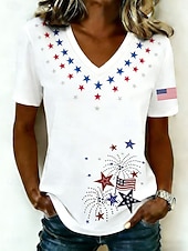 billiga Självständighetsdagen Topp-Amerikanska självständighetsdagen Dam T-shirt Mönster Grafisk Flagga Vintage Stylish Klassisk Kortärmad V-hals Långa toppar Dagligen Blå Svart Vit Sommar Vår
