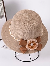 levne Dámské klobouky-Dámský skládací bohémský slaměný klobouk proti slunci – lehká prodyšná polyesterová plážová čepice s květinovou mašlí, více barev pro letní dovolenou, běžné nošení i cestování