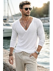 preiswerte Baumwoll-Leinen T-Shirts-Herren Henley Hemd Leinen-T-Shirt Langarm V Ausschnitt Sommer Frühling Einfarbig Vintage Böhmische Lässig Rein Lässig Urlaub Straße Schwarz Weiß Hellgrün Top T-Shirt für Herren