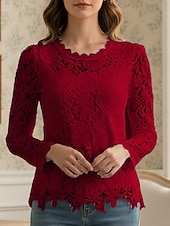 abordables Hauts en dentelle-Femmes Chemise Chemisier Hauts en dentelle Dentelle Uni ancien Classique Occasionnel manche longue Col ras du cou Hauts Réguliers Quotidien Fête Sortir Bleu Noir Blanche Rose Claire Vin Printemps