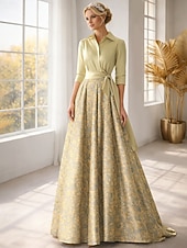 halpa Lattian pituus-A-linja Kokopitkä Paitamekko Häävieraspuku Muodollinen mekko Morsiammen äidin asu Pitkähihainen Paitapuserokaula-aukko Tyylikäs Vintage Häät Muodollinen Nylon kanssa Kukkapainatus Rusetti(rusetit