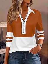 cheap Stripe&amp;Geometric Blouses-Women's Blouse Zipper Striped Stylish Casual Long Sleeve Turndown Regular Tops Daily Blue Black Wine Brown Green Spring Fall