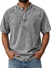 economico magliette di base-Per uomo Maglietta Camicia Demin Camicia 100% cotone lavaggio acido Top Henley Manica Corta Semplice Vintage Streetwear Casual Lavato Manica corta Collo alla coreana Henley Casuale Casa Streetwear