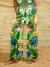 preiswerte weites Bein und hohe Taille-Tropical Temptation Seidensatin-Leopardenhose