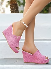 economico Sandali con zeppa-sandali con zeppa da donna in denim azzurro chiaro: eleganti sabot con plateau per resort all'aperto, vacanze estive e relax in hotel